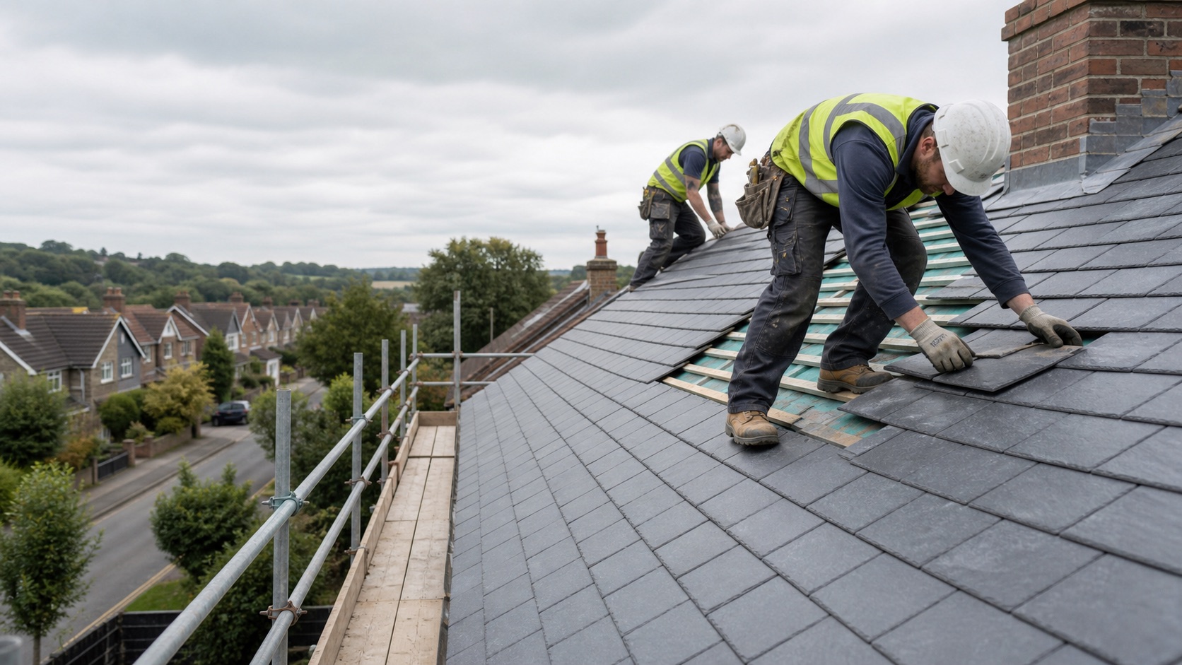 Professional roofers working on a tiled roof