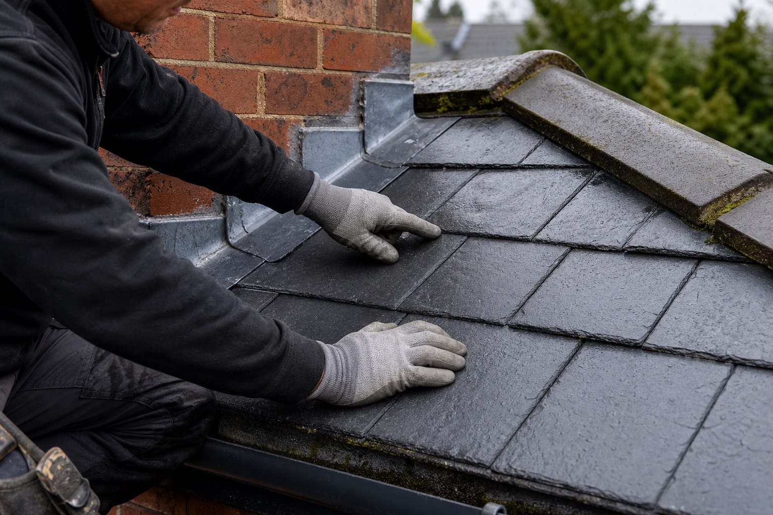Roofer repairing lead flashing on a slate roof